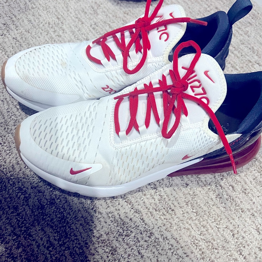 Red, white, & dark blue Nike 270s.